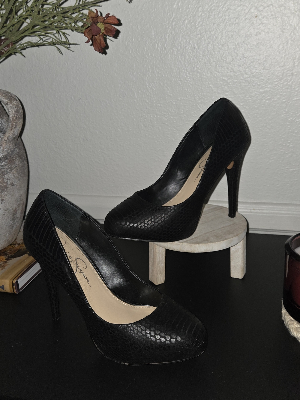 Jessica Simpson Black Snake-Embossed High Heel Pumps